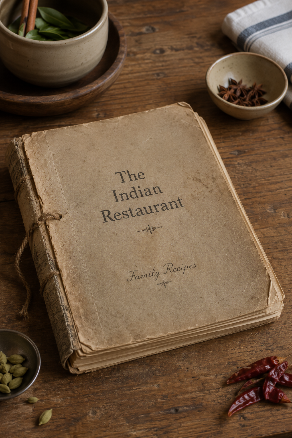 A worn family recipe book on a wooden table
