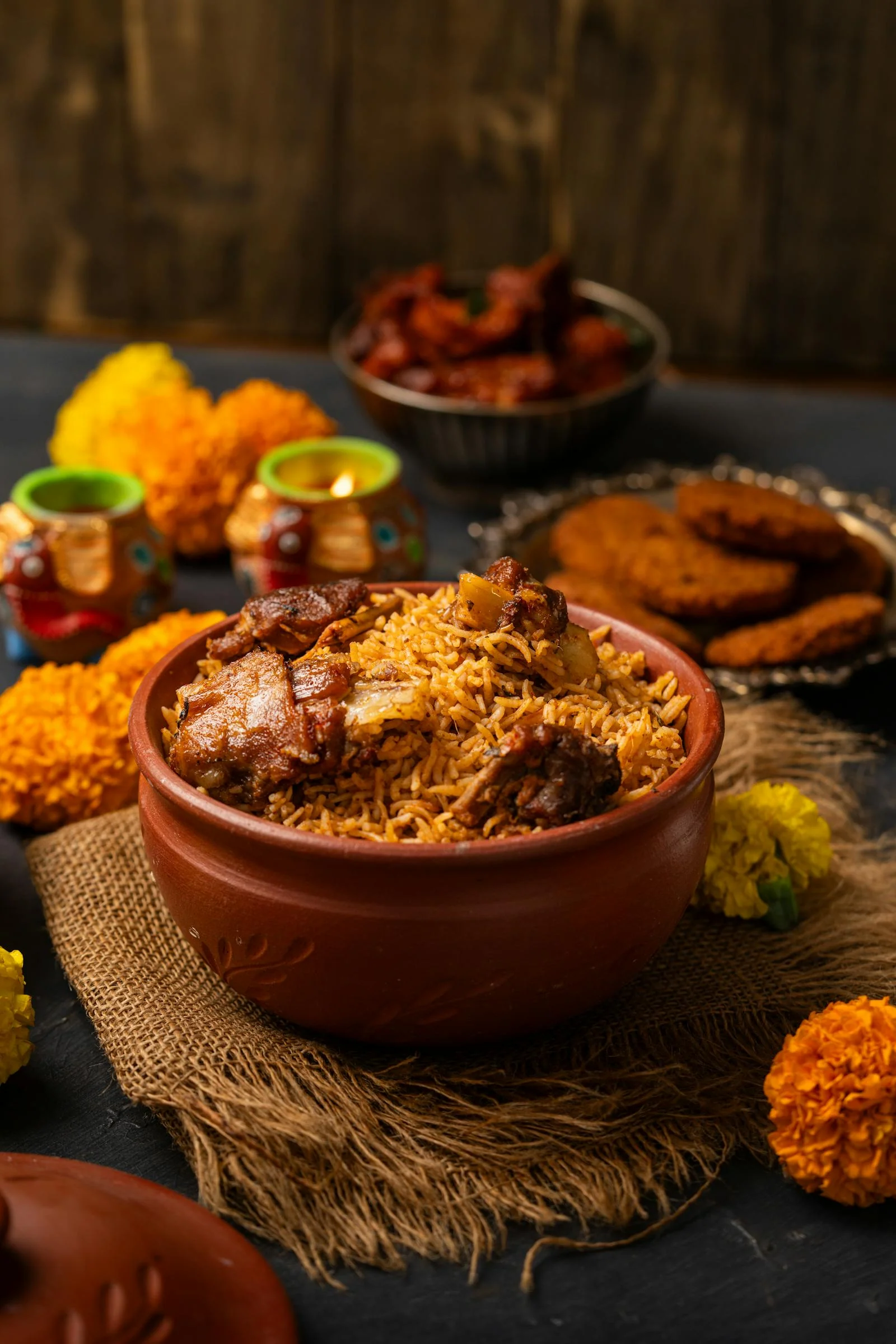 Hyderabadi dum biryani served in a copper handi