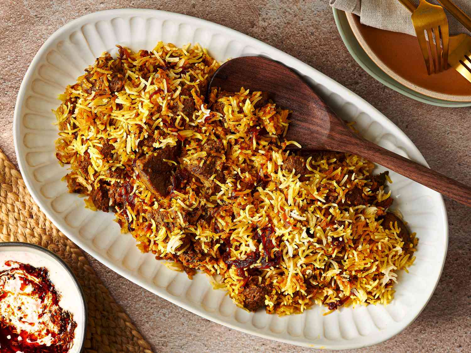 A Hyderabadi biryani opened at the table